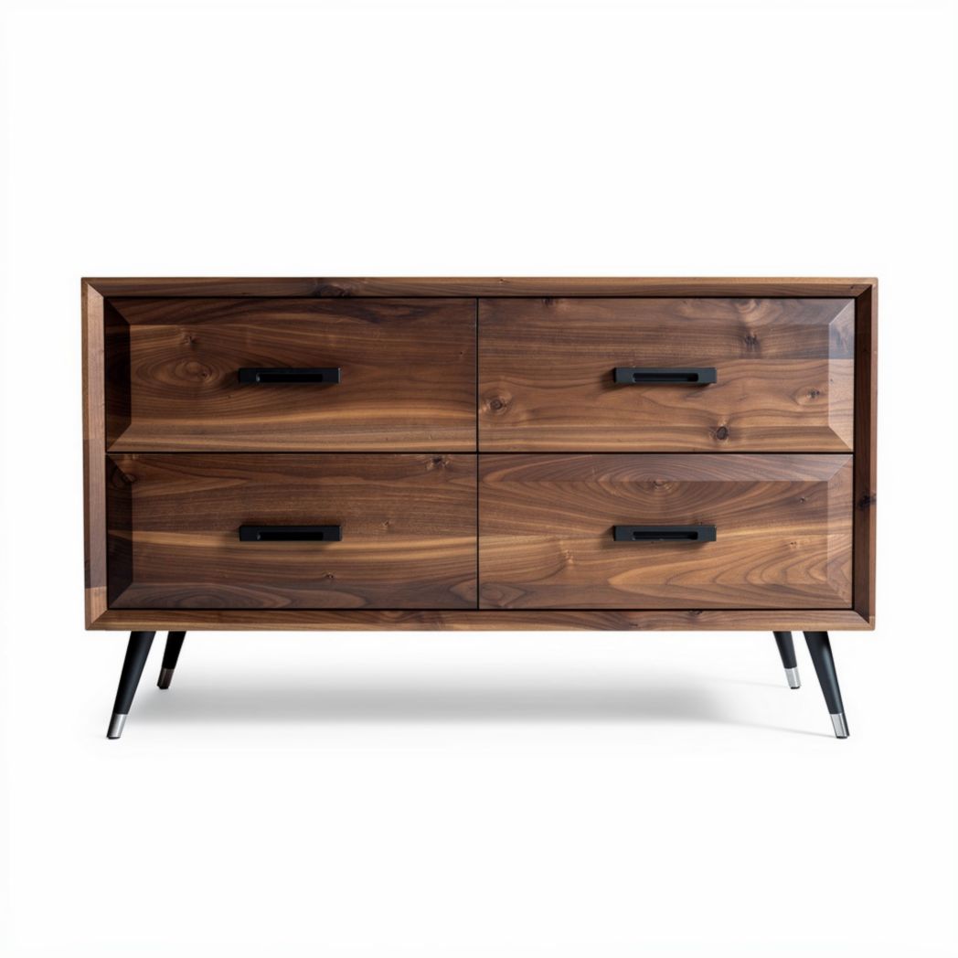 Houten dressoir in walnoot met vier lades en metalen handgrepen 120 x 40 x 75cm