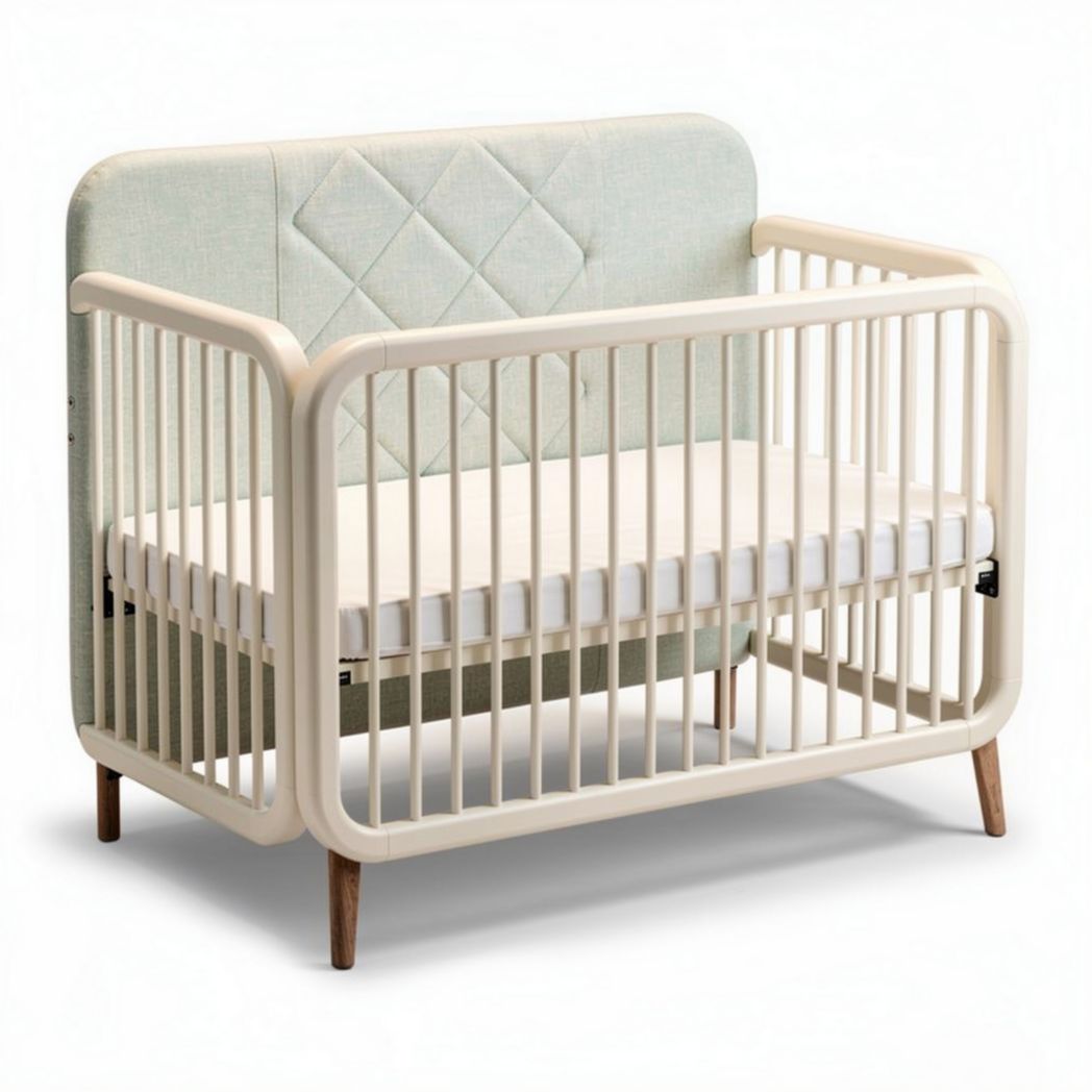 Wieg met houten poten en stoffen rugleuning 120 x 60 x 90cm beige groen