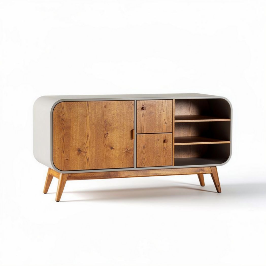 Dressoir van hout en metaal met open vakken en deuren 120 x 40 x 75cm